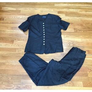 Country Shop Vintage Linen Blend 2 Piece Pant Suit Set Black Womens Sz 12